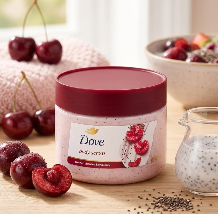 اسکراب بدن داو ۳. گیلاس و شیر چیا 🍒 برای پوست مختلط تا چرب هم خوبه * سبکتر از مدلهای شیباتر * پوست را نرم میکند بدون حس سنگینی زیاد * خوشبو و دخترونه