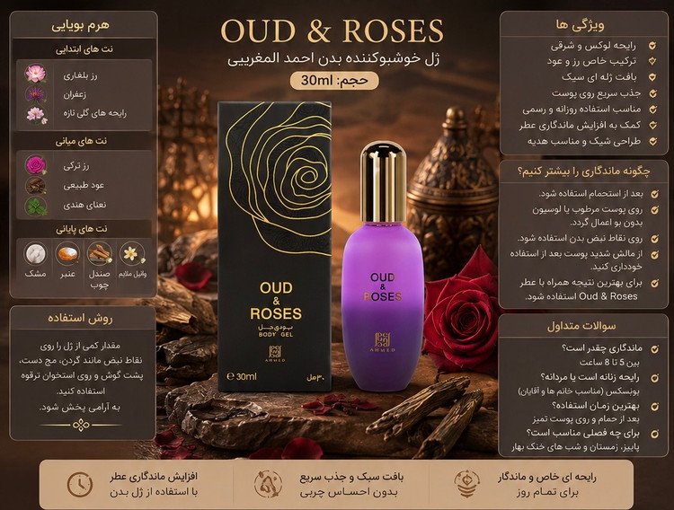 ژل خوشبوکننده بدن Ahmed Al Maghribi Oud & Roses حجم 30 میل