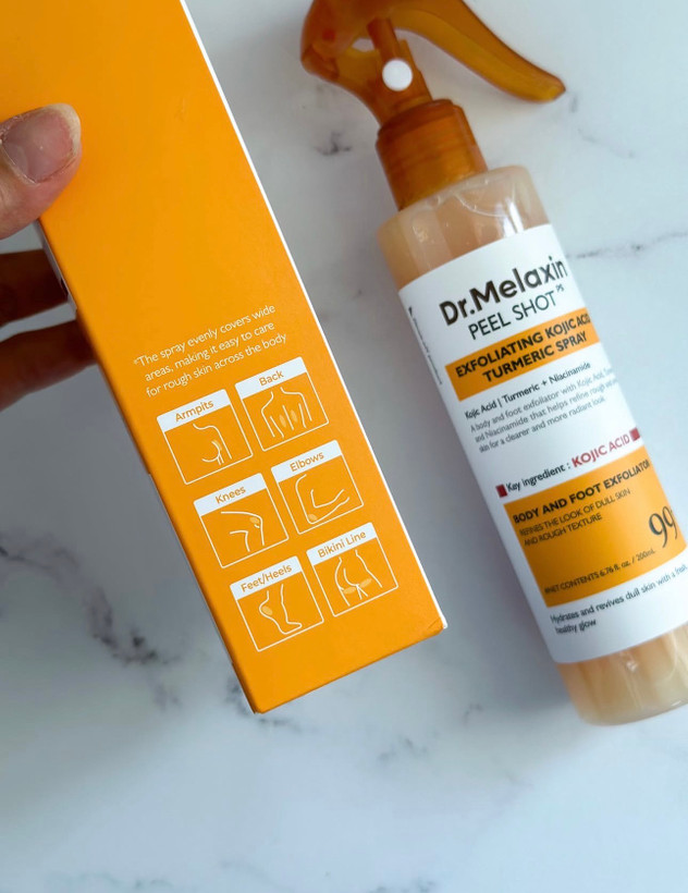 اسپری پیل شات کوجیک اسید دکتر ملاکسین لایه بردار و روشن کننده بدن | Dr.Melaxin Peel Shot Exfoliating Kojic Acid Turmeric Spray حجم ۲۰۰ میل