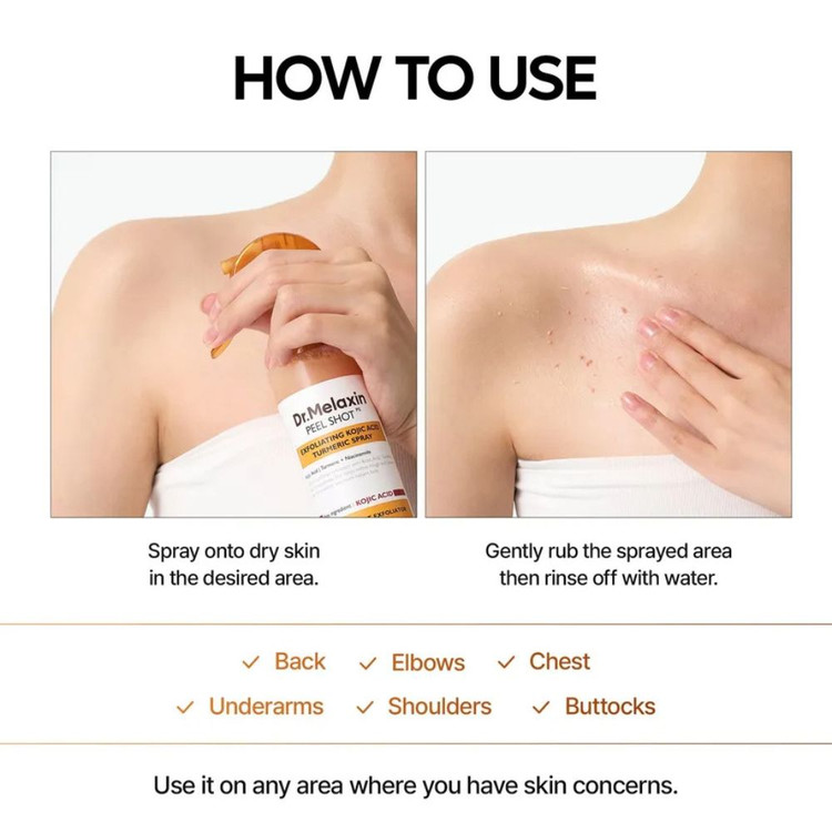 اسپری پیل شات کوجیک اسید دکتر ملاکسین لایه بردار و روشن کننده بدن | Dr.Melaxin Peel Shot Exfoliating Kojic Acid Turmeric Spray حجم ۲۰۰ میل